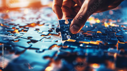 A close-up of a hand placing the last piece into a complex puzzle with digital and technological patterns, symbolizing problem-solving and innovation. photo