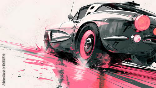 Vintage Retro Car Black Ink with Pink Accents. Illustration for sticker, poster or t-shirt.