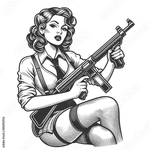 Pin-up woman with machine gun rifle sketch engraving generative ai fictional character vector illustration. Scratch board imitation. Black and white image.