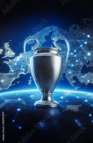 Europe map and trophy of winner of Champions League, photo realistic illustration