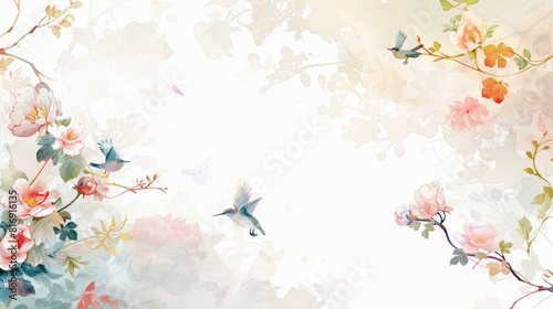 Fototapeta Naklejka Na Ścianę i Meble -  Floral and bird illustration with soft hues - A tranquil scene with flowers and birds in pastel colors blending into a watercolor effect