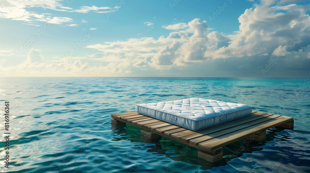 Fototapeta premium A serene scene with a white mattress on a small wooden dock floating on calm, blue ocean waters under a bright, partly cloudy sky.