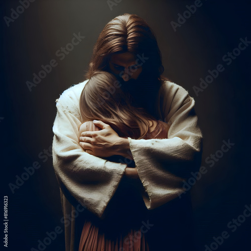 Jesus hugging woman. Concept of God comforting human in low moment in life.
