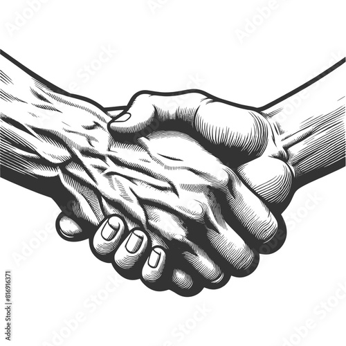 Businessman firm handshake, symbolizing trust, agreement, and partnership in a vintage style sketch engraving generative ai vector illustration. Scratch board imitation. Black and white image.