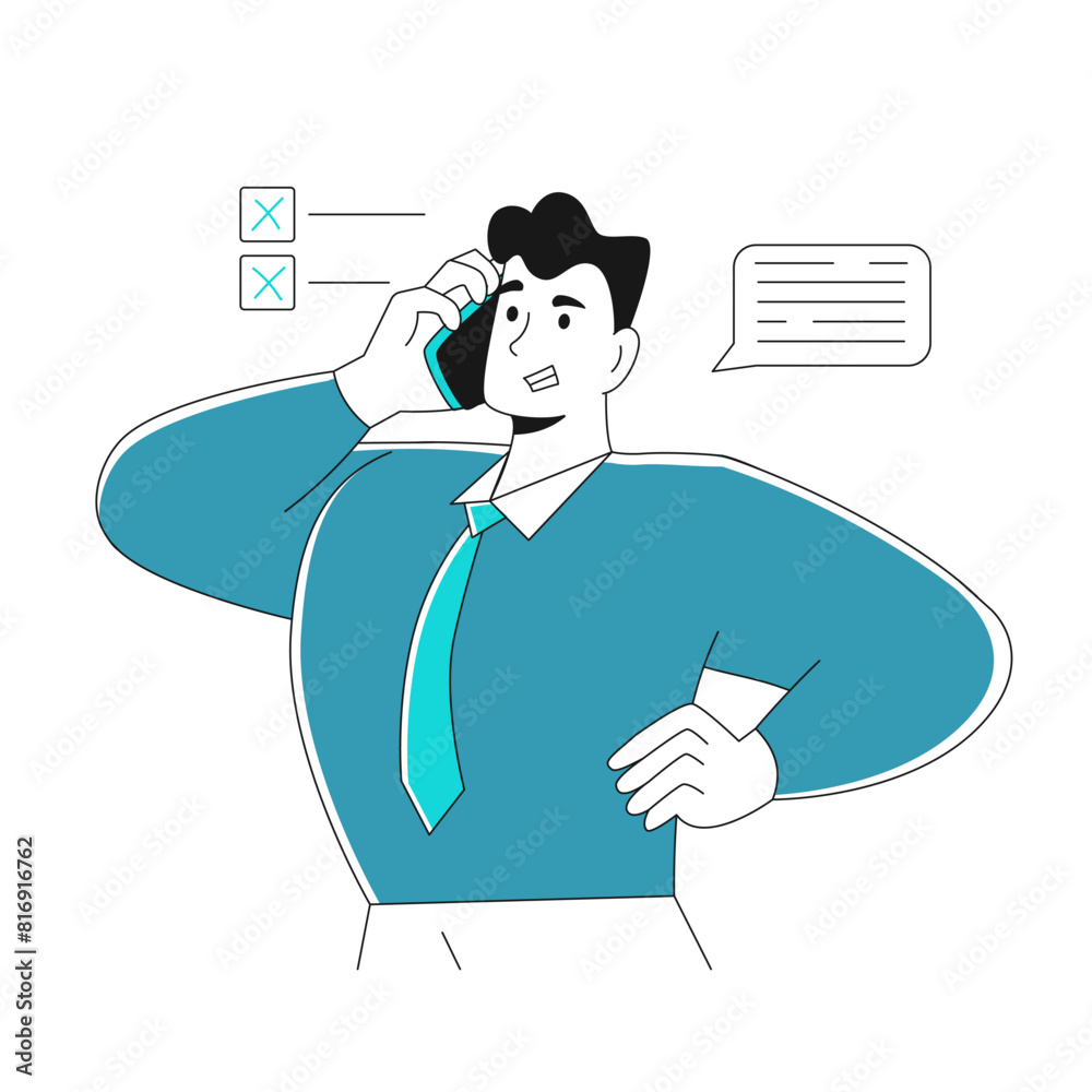 Modern young businessman talking on the phone with clients. Call promotion concept, customer support Modern young businessman talking on the phone with clients. Call promotion concept, customer support