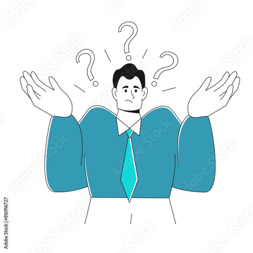 modern young businessman shrugs his shoulders, doesn't know the answer, asks a question. Concept of business solutions, business process, problem solving