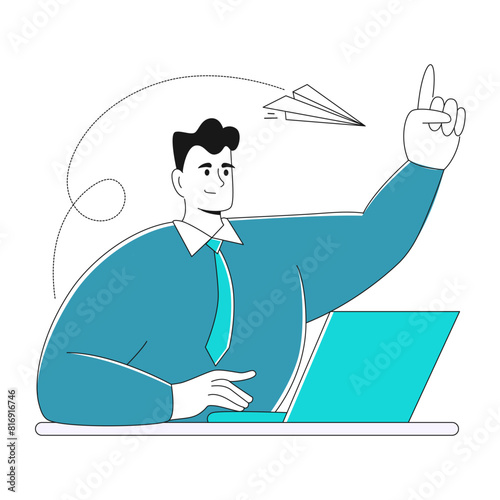 Modern young businessman sending an email. Metaphor of emailing letters to customers with a paper airplane