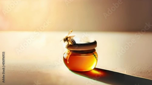 A jar of honey dripping and a bee flying - clip-01 photo