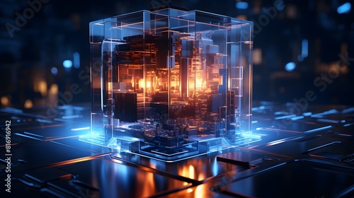 Digital technology transparent plexiglass cube poster background