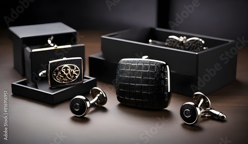male fashion accessories: black box with cufflinks and tie pin photo