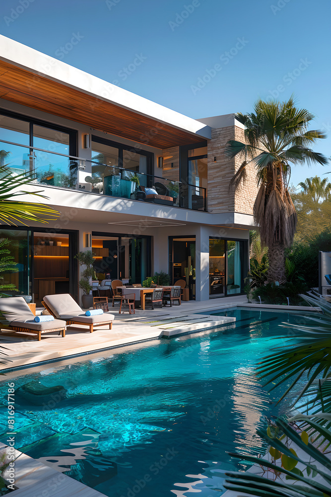 Chic Modern Home with Outdoor Pool and Palm Trees, Generative AI