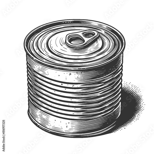 vintage tin can, depicting its textured surface and classic pull-tab opening sketch engraving generative ai vector illustration. Scratch board imitation. Black and white image.