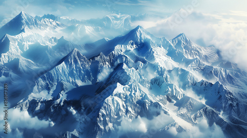 A stunning aerial view of a vast, snow-covered mountain range with sharp peaks and ridges, blanketed in clouds and mist, evoking a sense of majesty and serenity.
