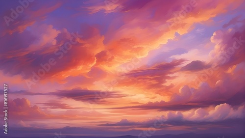 A vivid sunset sky painted in shades of orange, pink, and purple, with wispy clouds adding depth and texture. © Asad