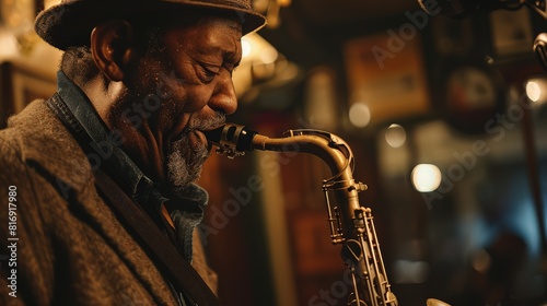 Musician Playing Saxophone in a Dimly Lit Setting