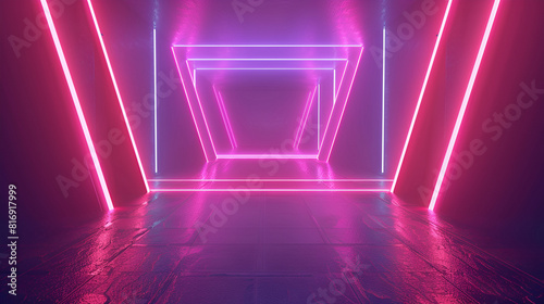 3d render, abstract neon background, square shape, pink glowing lines, Neon light corridor tunnel with diminishing perspective view, The background is a futuristic, abstract pink and blue neon photo