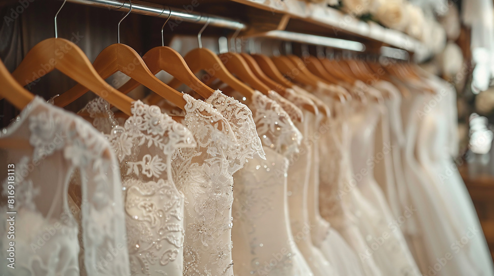 Beautiful wedding dresses, bridal dress hanging on hangers and mannequins in studio, shop Beautiful wedding dresses, bridal dress hanging on hangers and mannequins in studio, shop