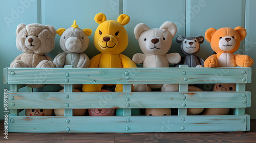 A shelf with soft children's toys.
