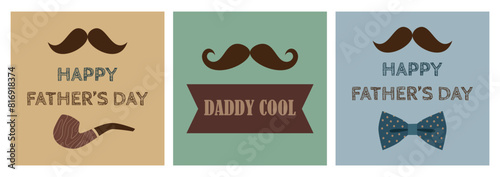 Father's Day cards set. Holiday concept with mustache, bow tie and text. For posters, prints, greeting cards