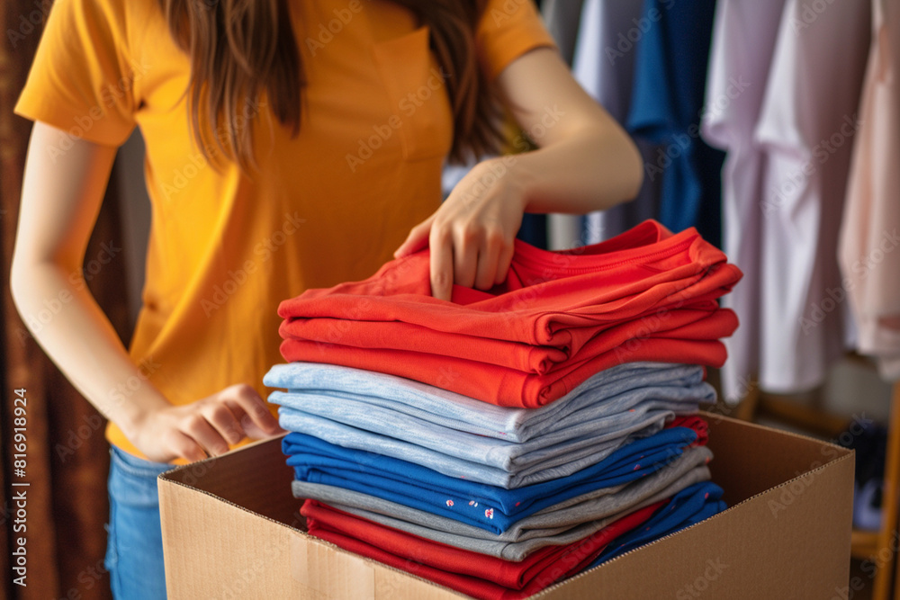 Person worker packing boxes with clothes, stack of folded t-shirts Person worker packing boxes with clothes, stack of folded t-shirts