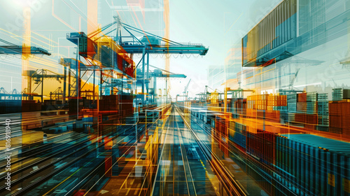 Digital composite of a busy shipping port with containers and cranes, featuring dynamic lines and abstract overlay to emphasize logistics and technology in transportation. © Natalia