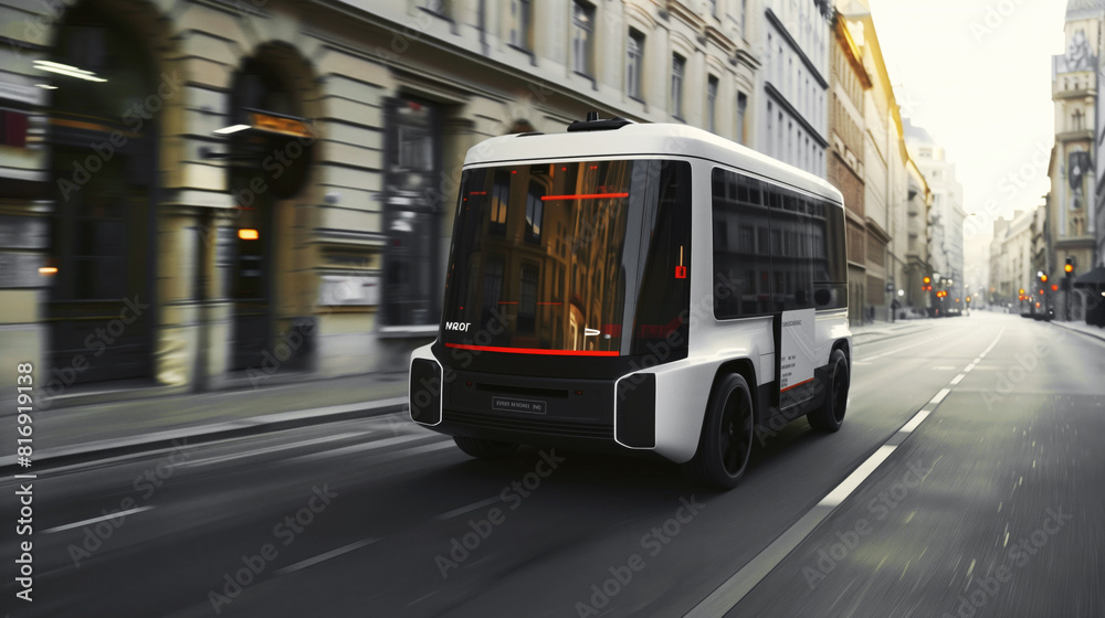 A sleek, futuristic autonomous bus travels through a nearly empty city street lined with historic buildings. The bus features a modern design with large windows and minimalistic aesthetics.