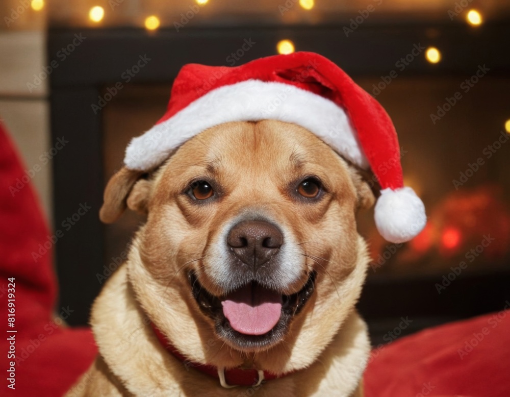 A dog wearing a Santa hat is smiling and looking at the camera