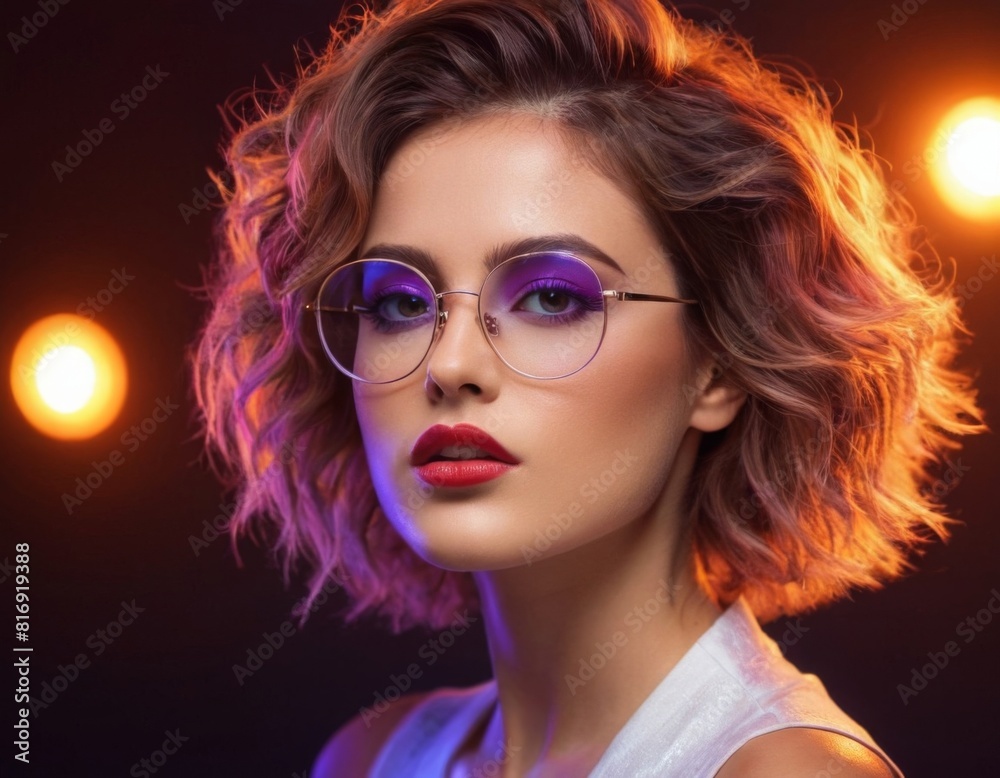 A woman with short hair and glasses is wearing red lipstick