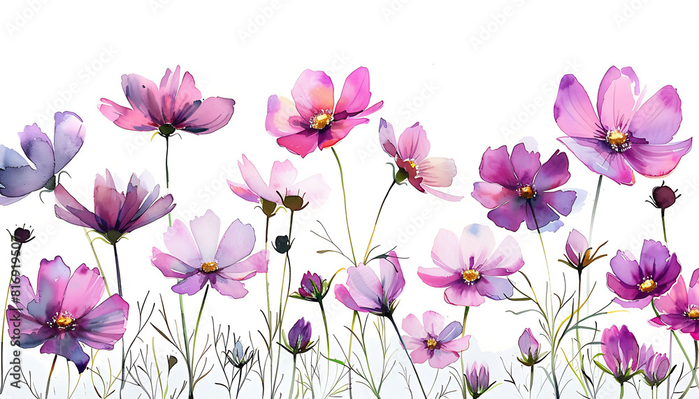 Delicate Watercolor Painting of Pink and Purple Cosmos Flowers on White Background Delicate Watercolor Painting of Pink and Purple Cosmos Flowers on White Background
