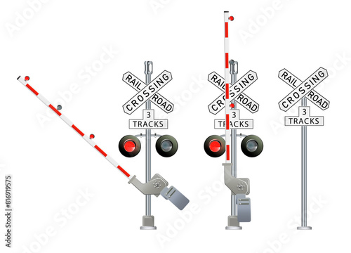 Road signs and railroad crossing barriers are used in the United States. traffic light, Railway barriers close isolated on white background, design concept for start up, business solutions,