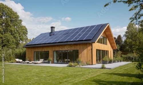 A house with a large solar panel on the roof
