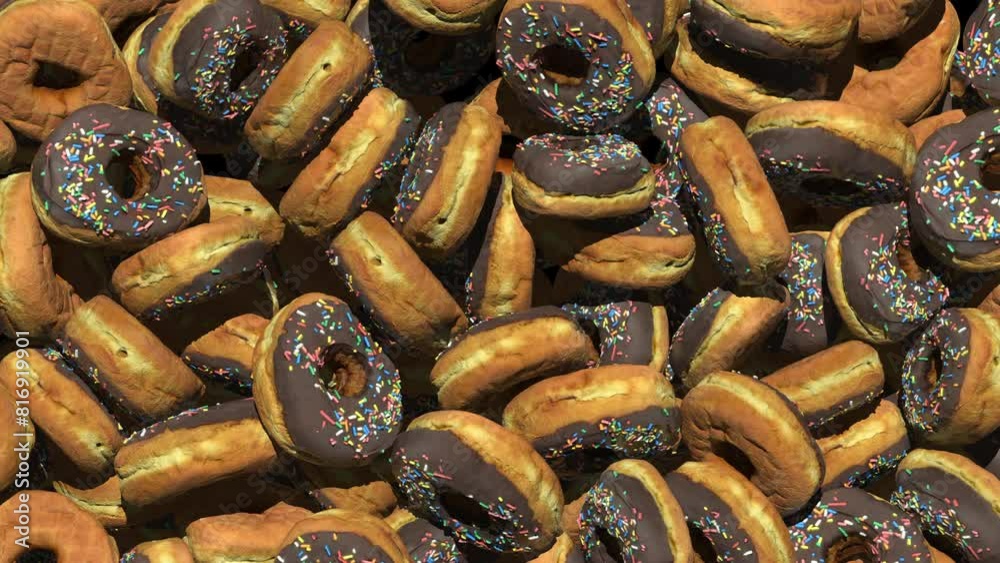 Chocolate glazed doughnuts with sprinkles fall from above and fill the screen. Comes with the Alpha Matte Chocolate glazed doughnuts with sprinkles fall from above and fill the screen. Comes with the Alpha Matte