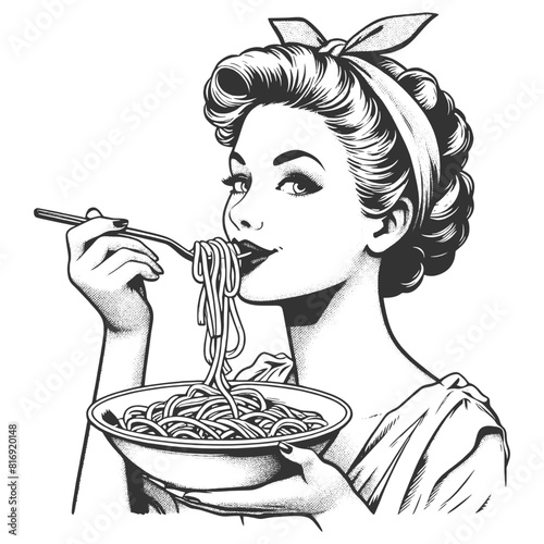 Pin-up girl woman eats pasta spaghetti, evoking culinary delight sketch engraving generative ai fictional character vector illustration. Scratch board imitation. Black and white image.