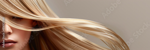Luxurious Flowing Blonde Hair Portrait. Stunning beauty portrait showcasing a woman with flowing blonde hair, emphasizing texture, shine, and smoothness with a flawless complexion.