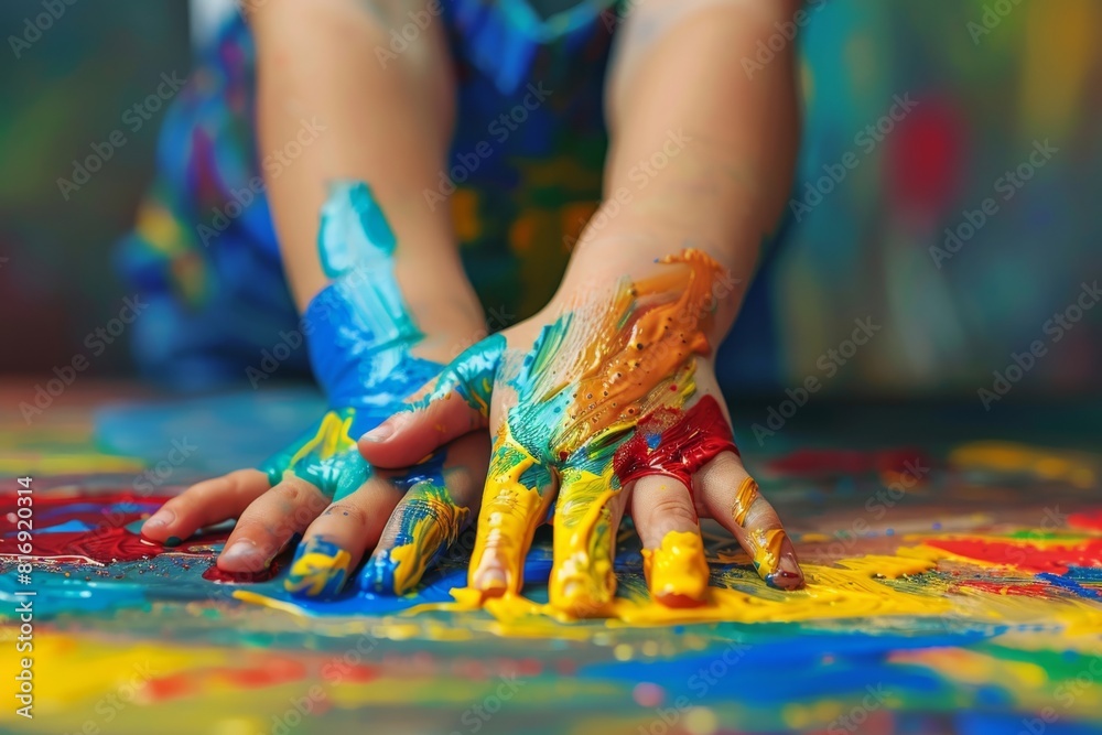Child’s hands covered in colorful paint while painting. Creative expression and art therapy concept. Close-up photography for educational content, art classes, and child development. Child’s hands covered in colorful paint while painting. Creative expression and art therapy concept. Close-up photography for educational content, art classes, and child development.