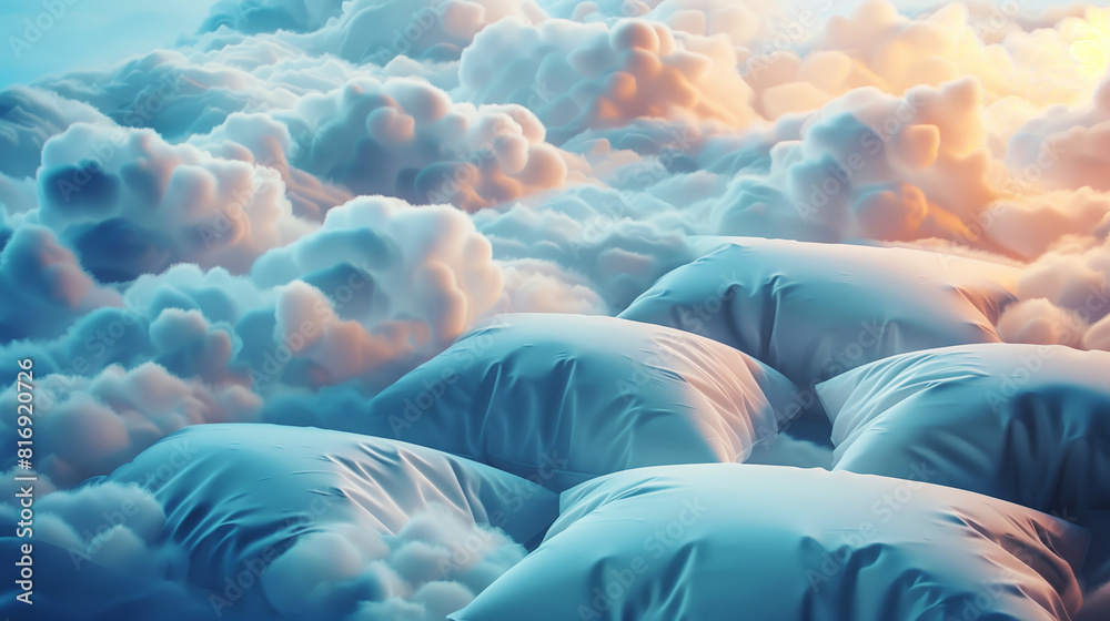 Obraz premium A dreamy scene depicting fluffy clouds interspersed with soft pillows, creating an impression of a surreal and tranquil sky landscape.