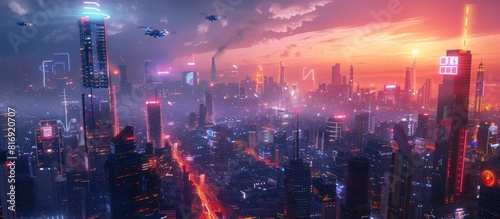 Illuminated Futuristic Megacity Skyline with Hovering Delivery Drones During Twilight