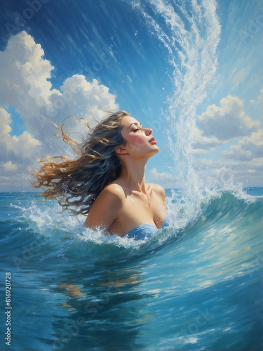 Serene Woman Floating in Ocean with Dramatic Sky