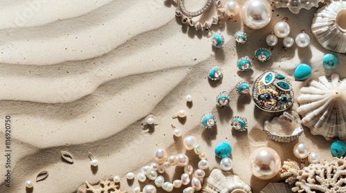 In this artistic landscape, a necklace lies on a circle of sand, adorned with seashells and pearls. The wind creates aeolian landforms, adding a fun touch to the scene AIG50 © Summit Art Creations
