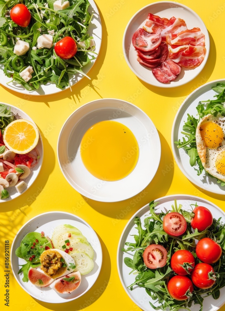 Overhead view of ketofriendly dishes with fresh ingredients on a sunny yellow surface Overhead view of ketofriendly dishes with fresh ingredients on a sunny yellow surface