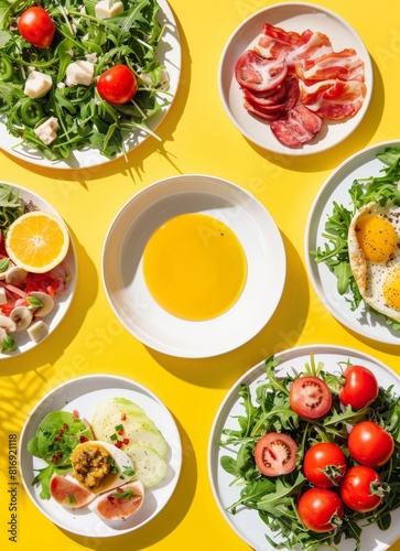 Overhead view of ketofriendly dishes with fresh ingredients on a sunny yellow surface © alphaspirit