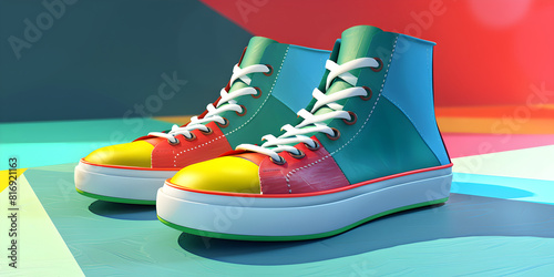 A pair of clourful sneakers on colourful background.Chromatic Footwear Colorful Sneakers on Dynamic Backdrop. photo