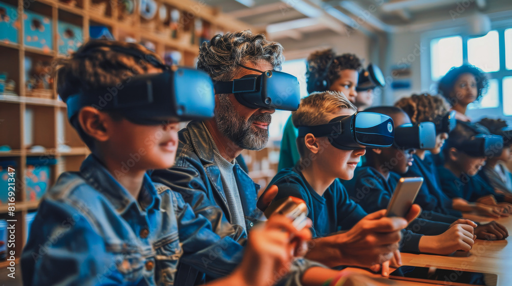A group of children wearing virtual reality goggles and holding cell phones