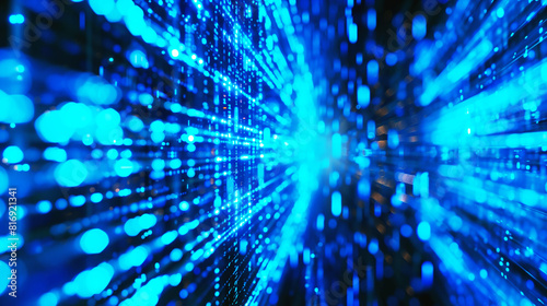 Abstract background of glowing blue lights and binary code  creating a futuristic and digital data visualization effect  ideal for technology and cybersecurity themes.