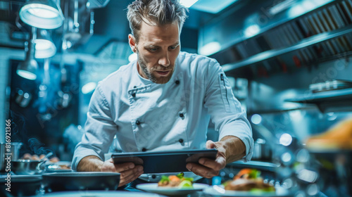 A chef is using a tablet to look at a plate of food