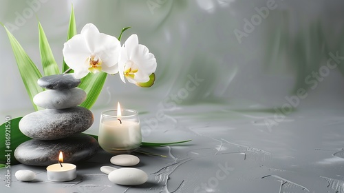 Elegant Spa Setting Featuring Black Stones, White Orchid, and Lit Candles, Creating a Peaceful and Relaxing Atmosphere