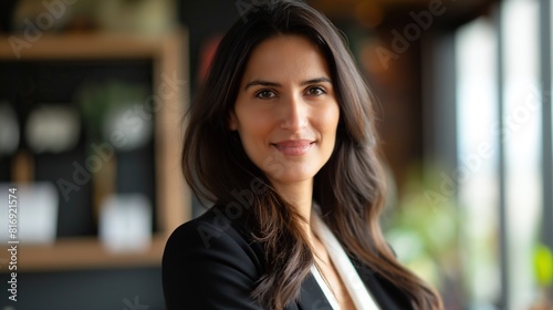 Female entrepreneur wearing glasses looking at camera with smile. Portrait of confident businesswoman in office. Portrait of happy and successful businesswoman.