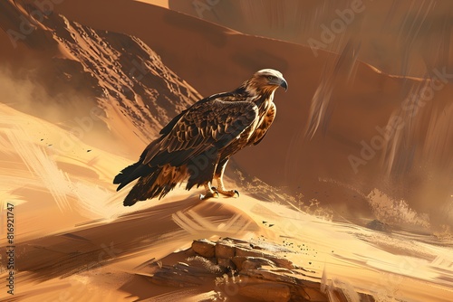 a cute eagle in the desert with sunset