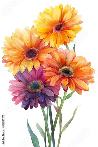 Watercolor Illustration of Vibrant Gerbera Daisies in Shades of Yellow, Orange, and Purple