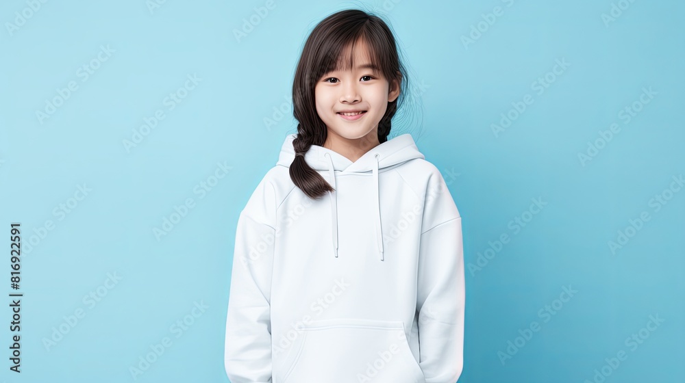 Portrait of a cute Korean girl wearing a white hoodie, blue background Portrait of a cute Korean girl wearing a white hoodie, blue background